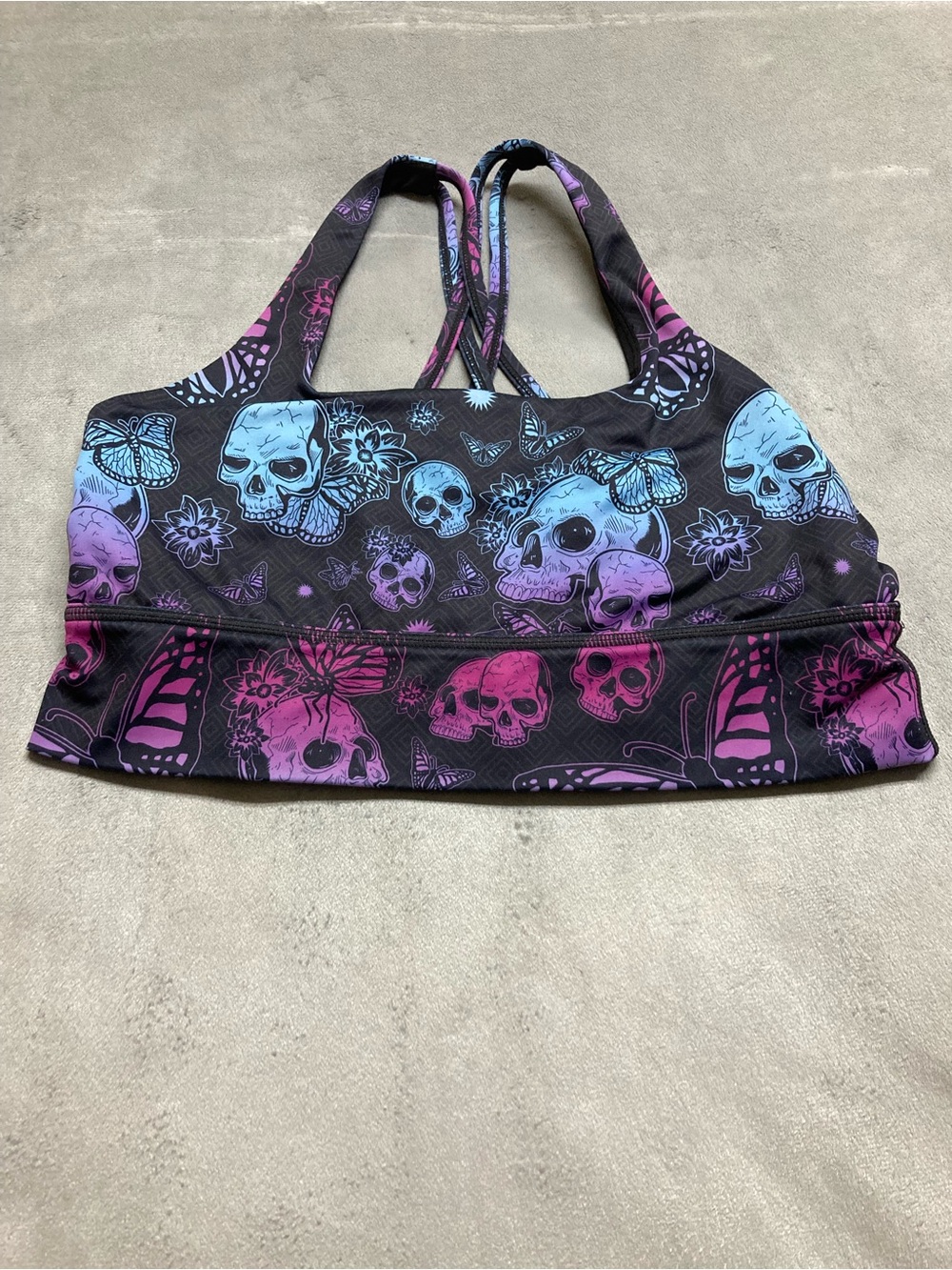 CVG Sports Bra Large Black Purple Blue Butterfly Skull Cross Strap Back